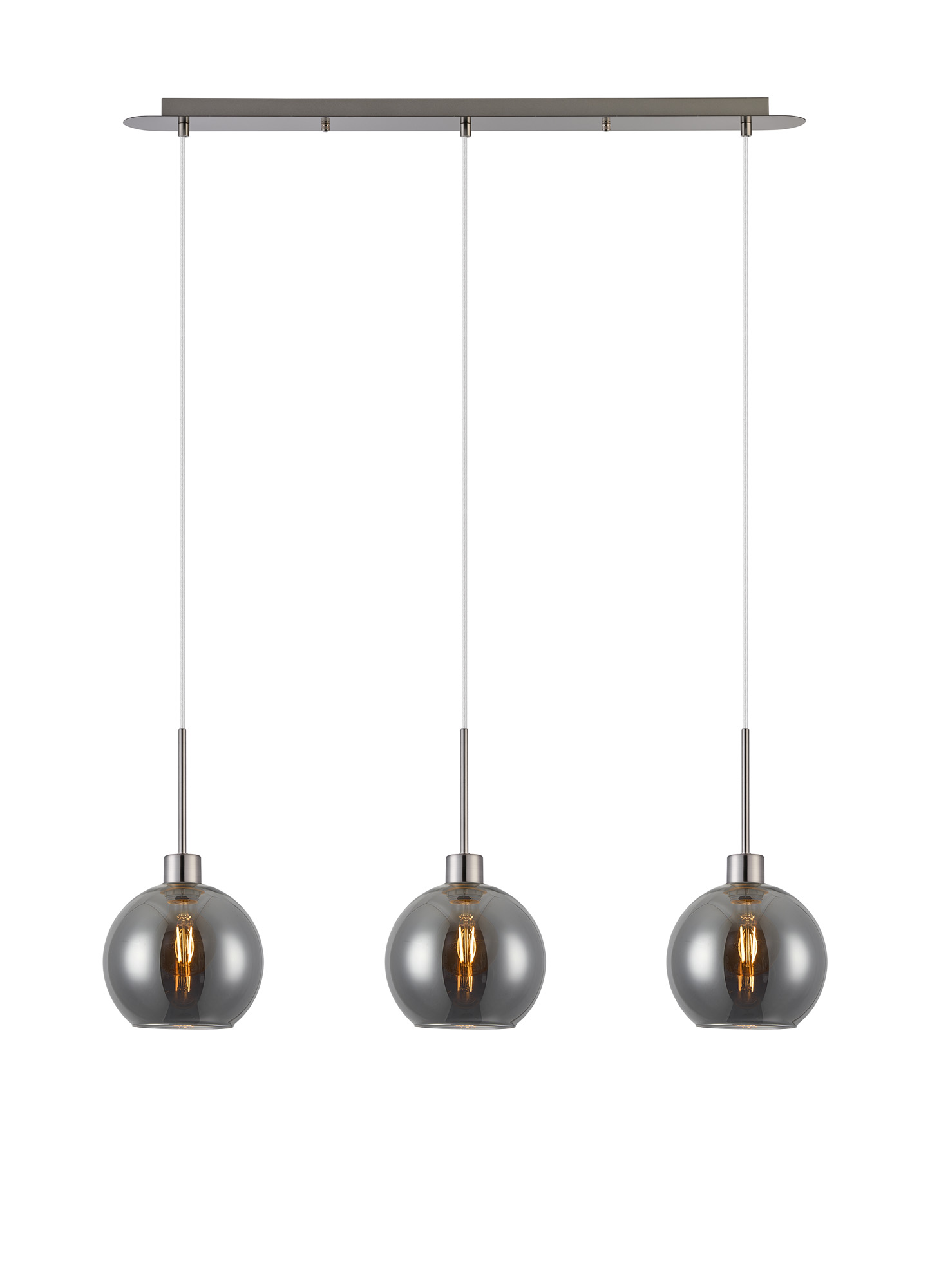 DK1395  Lori Linear Pendant, 3 Light Adjustable E27, Satin Nickel/Smoke Open Mouth Round Globe Shades